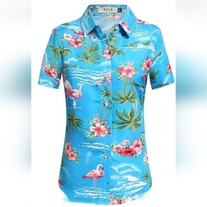 NWT Womens Button Down Blue Hawaiian Hibiscus Flamingo Shirt Top Short Sleeve S